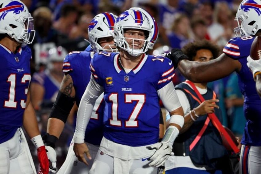 Buffalo quarterback Josh Allen celebrates after a touchdown in the Bills rout of Jacksonvi