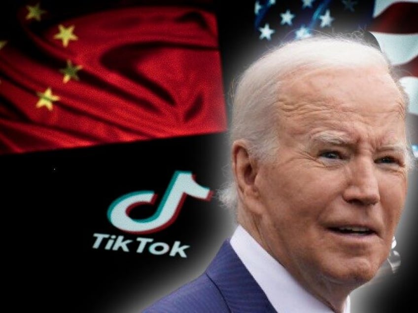 In this photo is seen the TikTok logo on a smartphone with a background of US and China fl