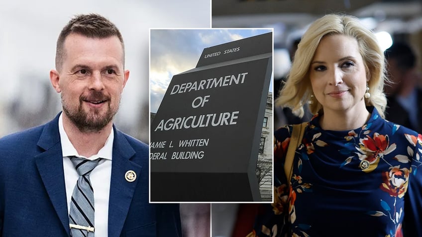 Democrat Jared Golden of Maine, Republican Ashley Hinson of Iowa, and the U.S. Department of Agriculture headquarters in DC