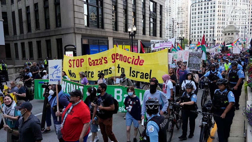 Anti-Israel protesters participate in the ‘Bodies Outside of Unjust Laws’ march ahead of the start of the Democratic National Convention