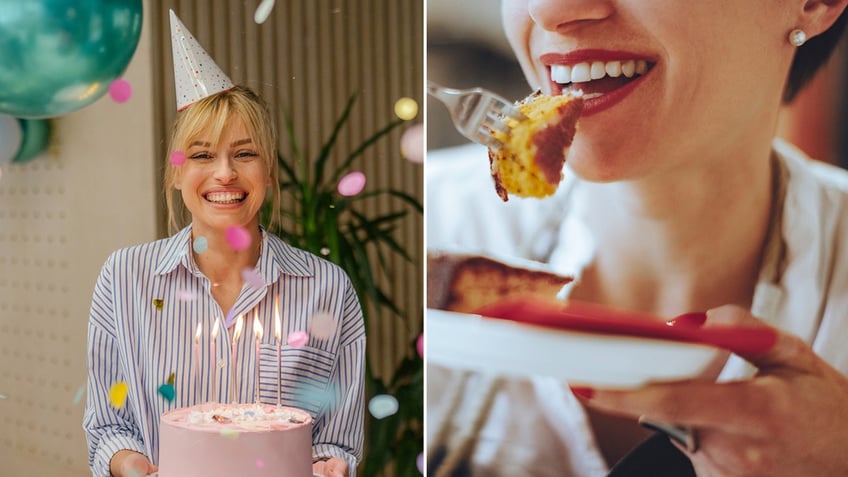 A woman wears a birthday cap, left, and another woman enjoys a piece of cake.