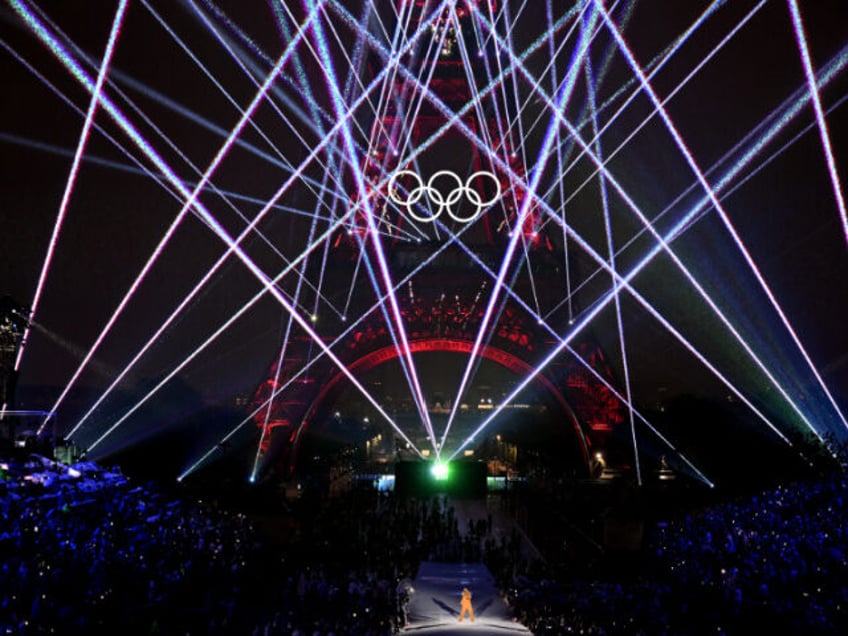 A light display on the Eiffel Tower during the opening ceremony of the Paris 2024 Olympic