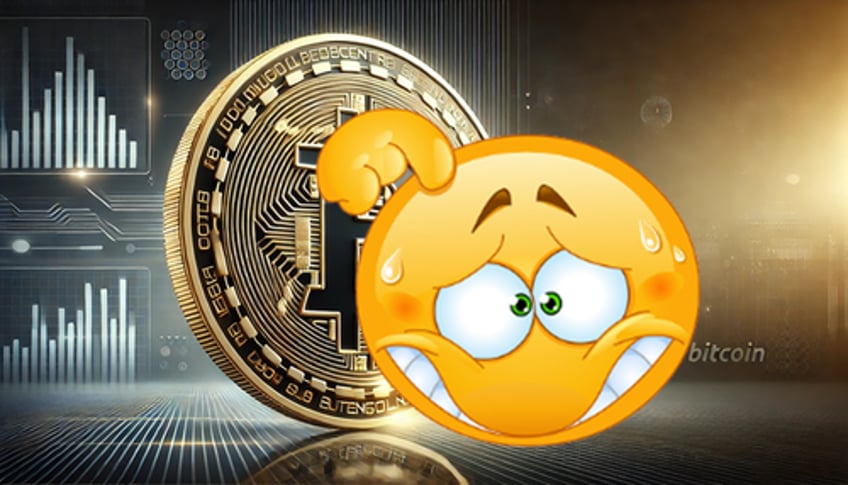 Image of a Bitcoin with a worried emojo in front of it