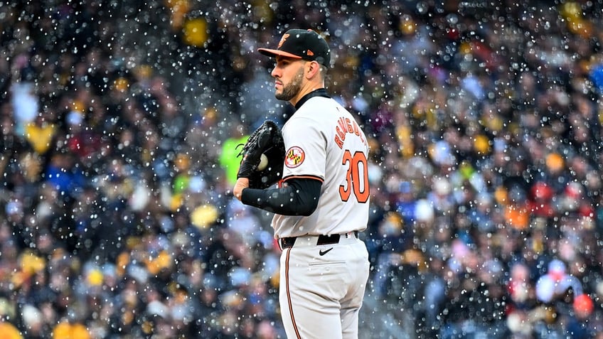 Grayson Rodriguez looks on field covered in snow.