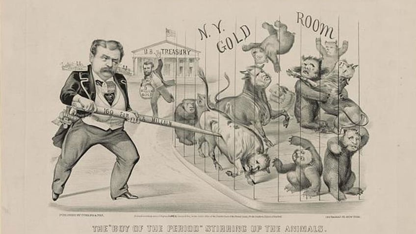 Print shows a caricature of financier Jay Gould, left, who attempts to corner the gold market, represented by bulls and bears in a cage. On Black Friday, September 1869, in the midst of scandal, President Ulysses S. Grant, center, restored prevailing gold prices by having the U.S. Treasury sell five million dollars in gold which he brings forward in a bag.