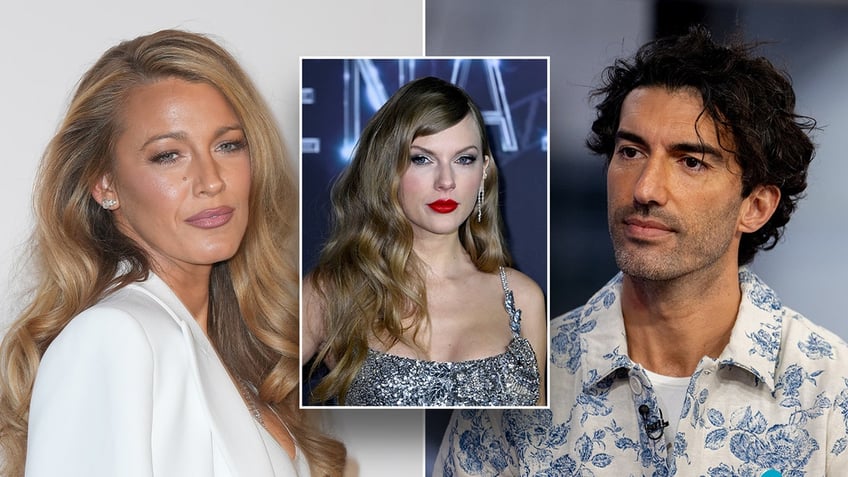 Blake Lively in a white blazer pouts on the carpet looking left split Justin Baldoni in a printed shirt looks serious as he looks right, middle Taylor Swift in a sparkly silver dress on the carpet