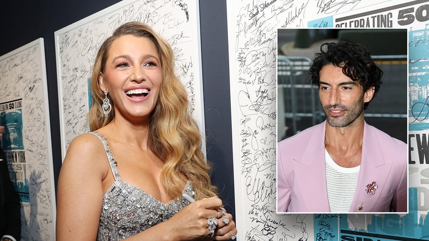 Blake Lively smiling at SNL50 while Justin Baldoni attends a premiere