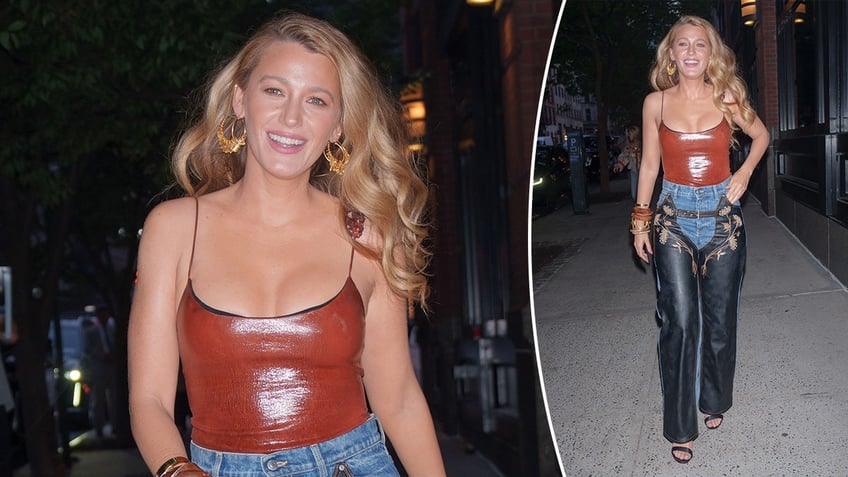 Blake Lively in a tight brown top and jeans with leather legs