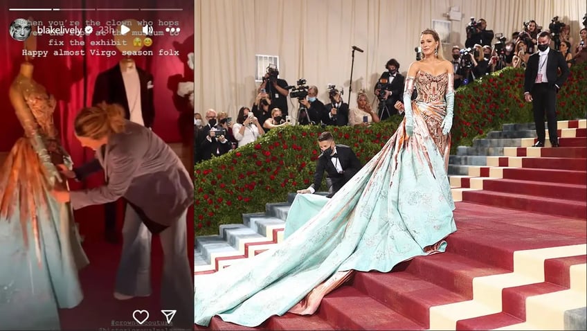 blake lively steps over rope at kensington palace museum exhibit to fix her displayed met gown