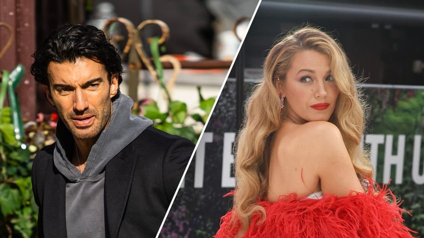 Justin Baldoni wears black coat while Blake Lively sports red feathers