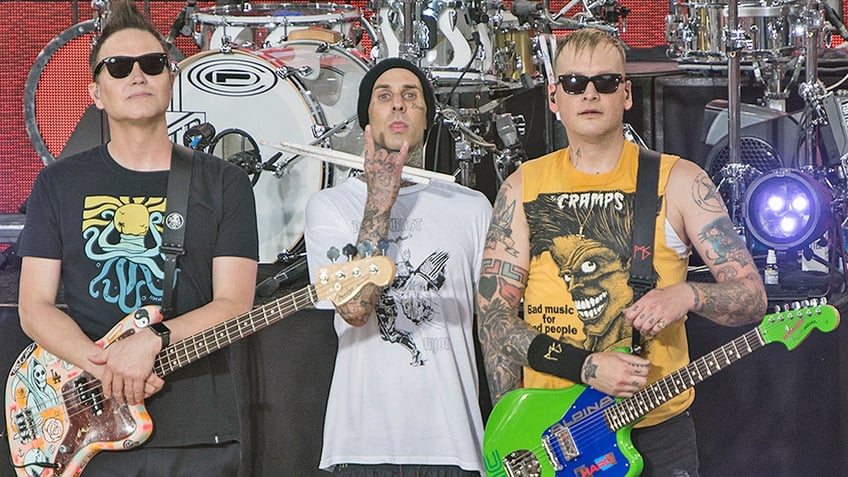 NEW YORK, NY - JULY 19: (L-R) Mark Hoppus, Travis Barker and Matt Skiba of Blink 182 perform on ABC'c "Good Morning America" at Rumsey Playfield, Central Park on July 19, 2019 in New York City. (Photo by Debra L Rothenberg/WireImage)
