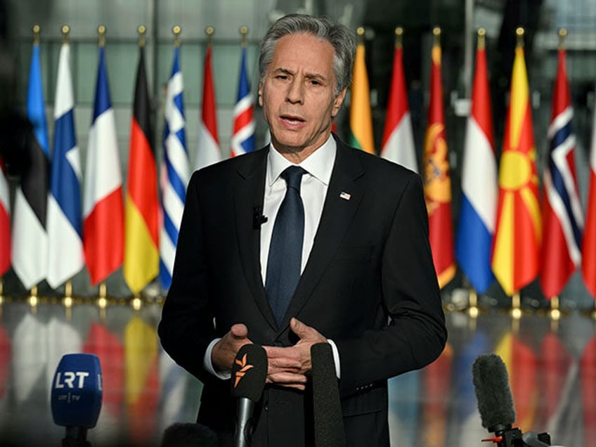 United States Secretary of State Antony Blinken speaks during a media conference at NATO h