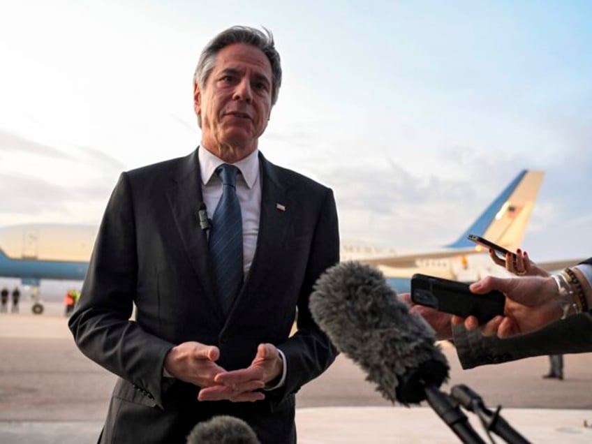 US Secretary of State Antony Blinken speaks to reporters on the tarmac before his departur