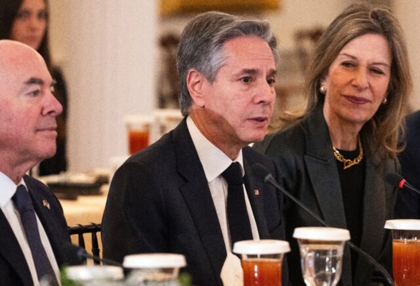 US Secretary of State Antony Blinken (C) speaks during a meeting with Mexican Foreign Minister Alicia Barcena to discuss migration on January 19, 2024