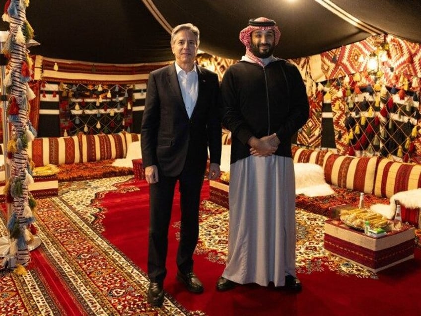 AL-'ULA, SAUDI ARABIA - JANUARY 8: United States Secretary of State Antony Blinken (L) meets with Saudi Arabian Crown Prince Mohammed bin Salman (R) in Al-'Ula, Saudi Arabia on January 8, 2024. (Chuck Kennedy/Department of State Handout/Anadolu via Getty Images)