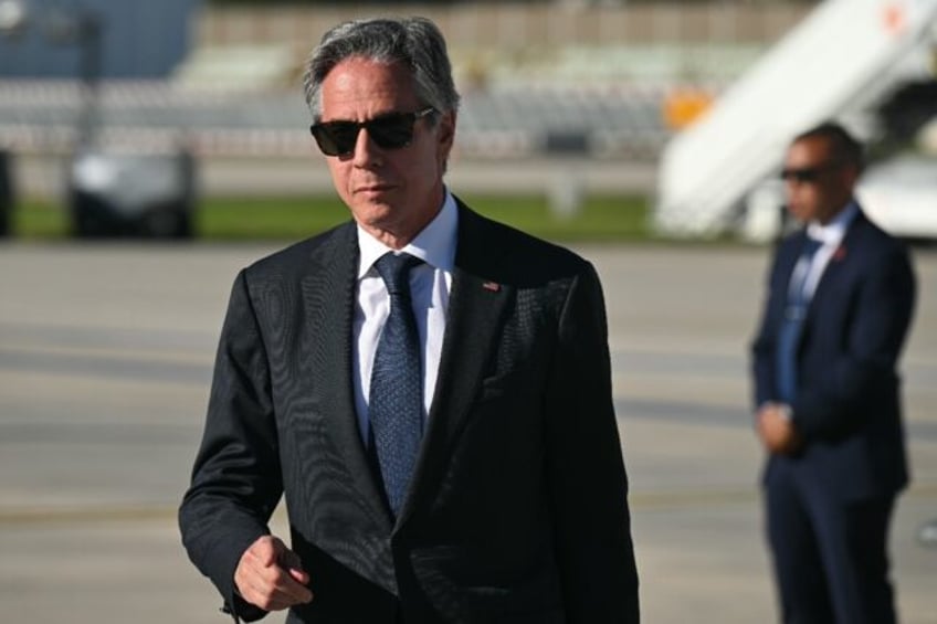 US Secretary of State Antony Blinken disembarks Air Force One upon arrival at Orly airport