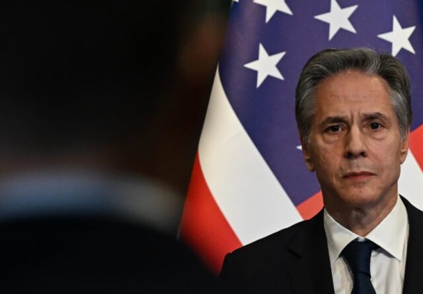 US Secretary of State Antony Blinken looks on during a press conference in Albania on Feb