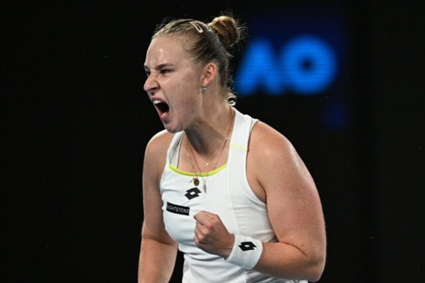 Russia's Anna Blinkova celebrates her victory against Kazakhstan's Elena Rybakina in the second round of the Australian Open