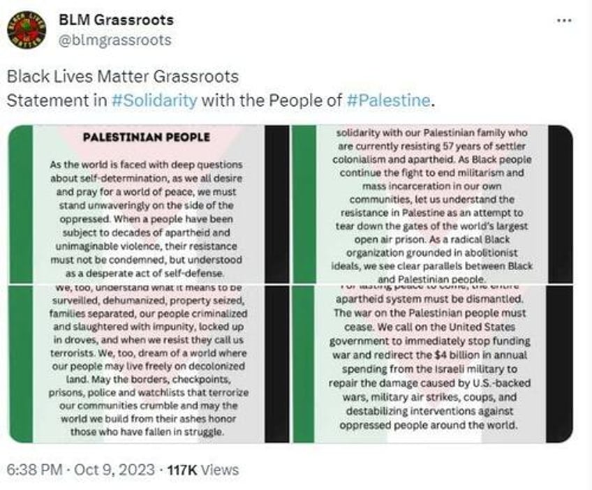 blm deletes tweet celebrating hamas rave massacre then doubles down