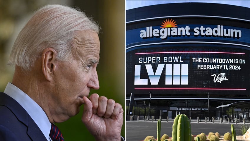 President Biden and Super Bowl split image