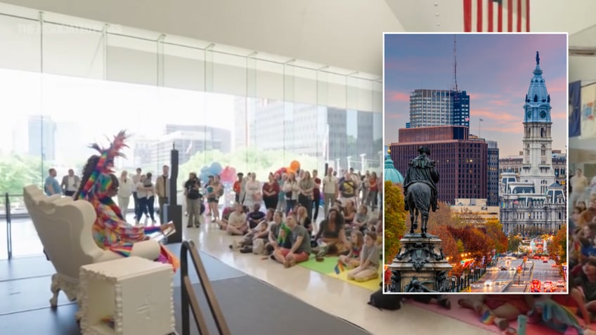 Split image of Drag queen reading to room of children and Philadelphia buildings