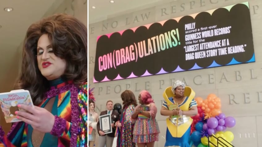 Split image of drag queen reading and drag queens celebrating record