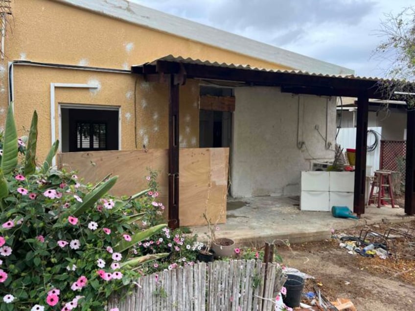 A home with bullet and shrapnel holes is renovated in Kibbutz Nirim, November 24, 2024. (J