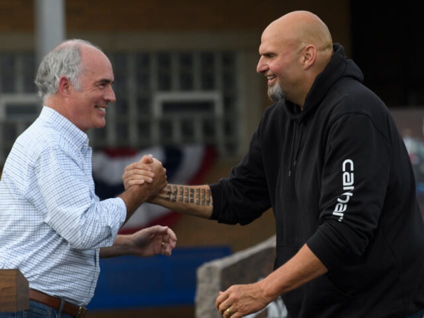 US Senator Bob Casey (D-PA) greets senate candidate Lt Governor John Fetterman before a sp