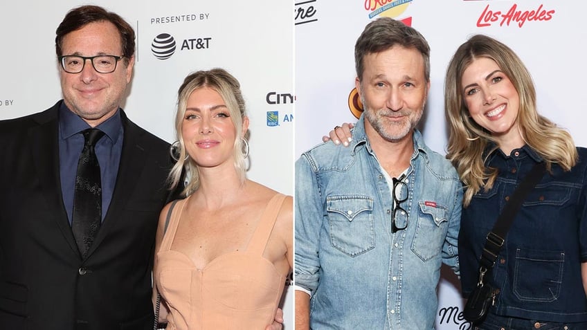 Bob Saget in a black suit soft smiles on the carpet with wife Kelly Rizzo in a peach jumpsuit split Breckin Meyer in a denim shirt looks at the camera as Kelly Rizzo in black leans toward him