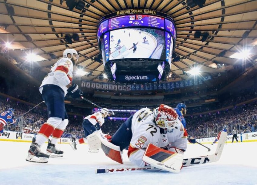 Sergei Bobrovsky of the Florida Panthers makes a third period save against the New York Ra