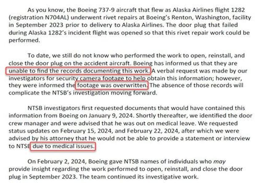 boeing overwrote camera footage of work on max jet door that blew out can not identify employee who worked on it