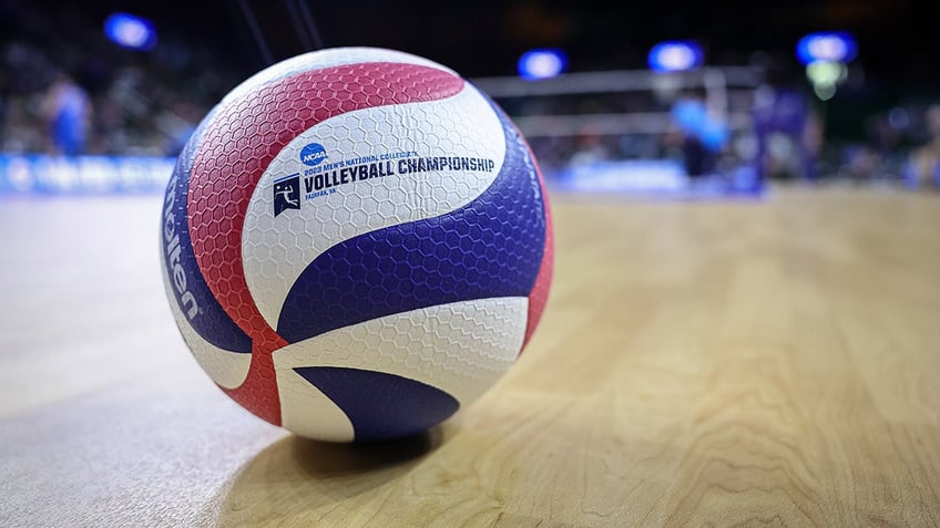 A volleyball on a court before the Division I men's volleyball championship May 6, 2023, in Fairfax, Va.