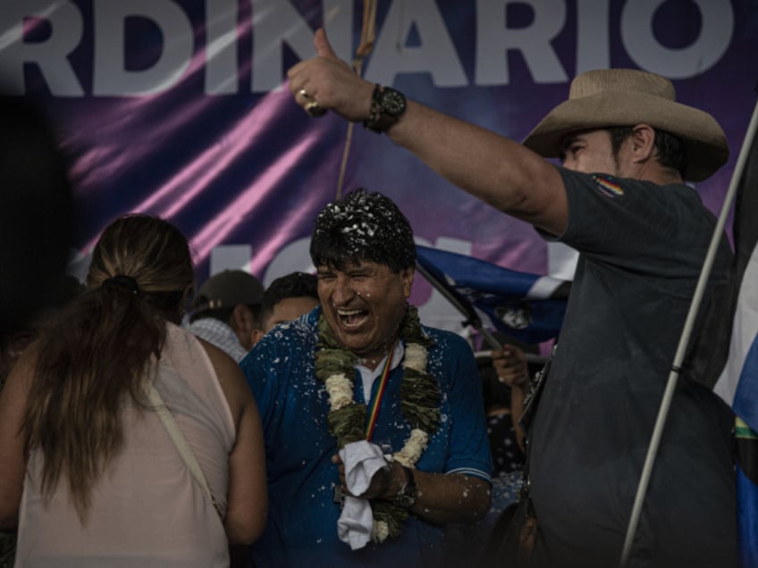 Evo Morales, Bolivia's former president, on stage during a campaign launch in Lauca N, Cochabamba department, Bolivia, on Wednesday, Oct. 4, 2023. The surprise comeback presidential bid by Morales, who ran the nation for nearly 14 years, adds a new level of political risk to a country already buckling under an economic crisis that has seen dollar reserves drain away from the central bank. Photographer: Marcelo Perez del Carpio/Bloomberg via Getty Images