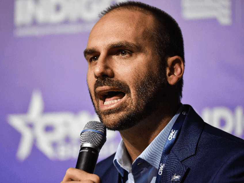 Brazilian Deputy Eduardo Bolsonaro, son of Brazilian President Jair Bolsonaro, speaks during the Conservative Political Action Conference (CPAC), in Sao Paulo, Brazil, on October 11, 2019. (Photo by NELSON ALMEIDA / AFP) (Photo by NELSON ALMEIDA/AFP via Getty Images)