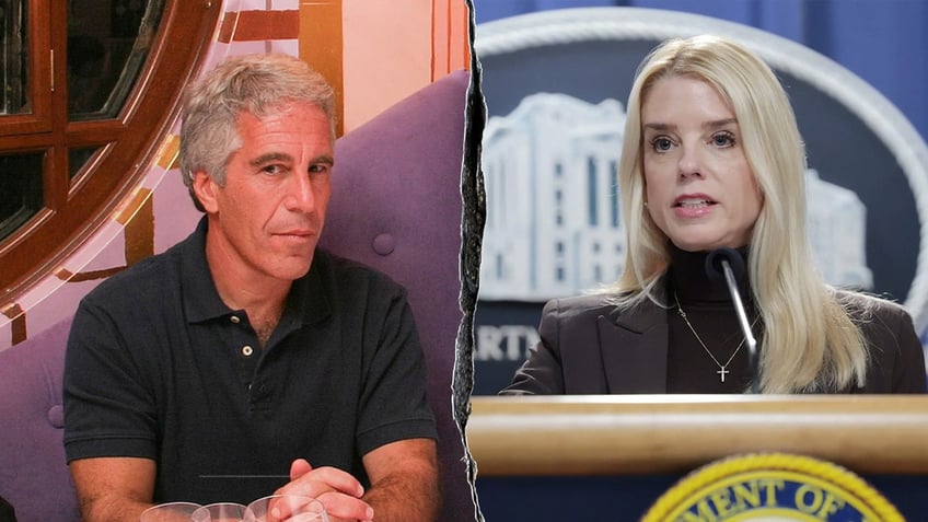 Jeffrey Epstein sits on purple couch (left) and AG Pam Bondi speaks from a podium (right)