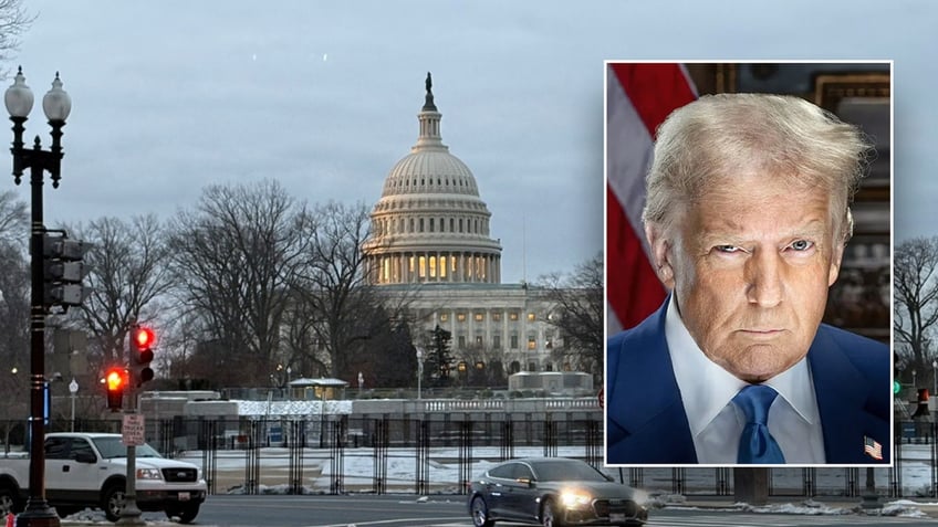 A split image shows the US Capitol building in the background with an insert of President Donald Trump