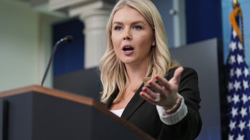 White House press secretary Karoline Leavitt speaks with reporters in the James Brady Press Briefing Room at the White House, Monday, July 7, 2025, in Washington. 