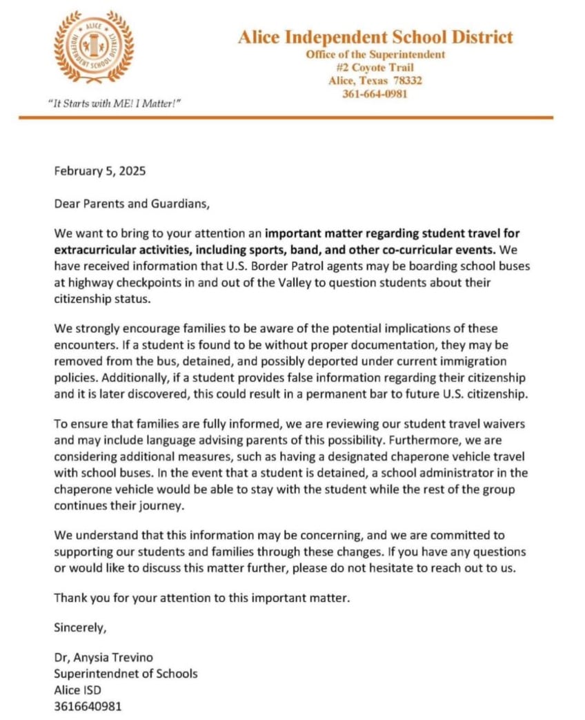 Screenshot of letter from Alice ISD Superintendent Dr. Anysia Trevino.