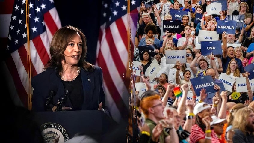 Kamala Harris, left with rally shot at right