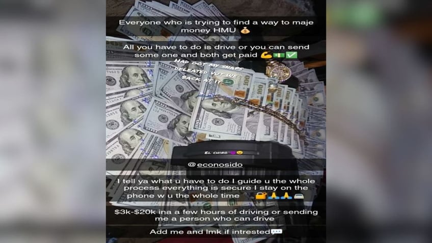 A Snapchat post by a migrant smuggler showing bundles of $100 bills