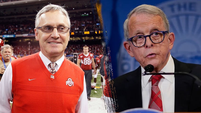 Ohio State football coach Jim Tressel, Left, and Ohio Gov. Mike DeWine. right 