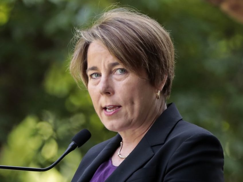 An interpreter signs, as Massachusetts Governor Maura Healey speaks. The first Juneteenth Concert is held near The Embrace sculpture, on Boston Common. (Photo by Pat Greenhouse/The Boston Globe via Getty Images)