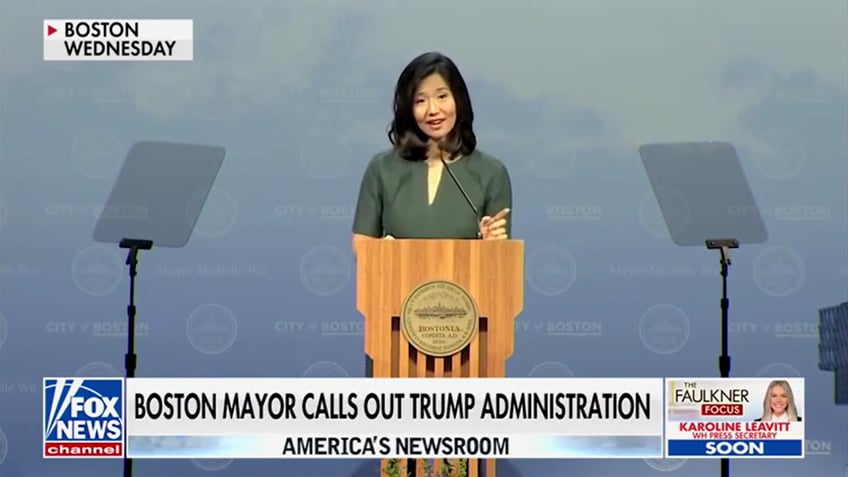 Michelle Wu gives a speech