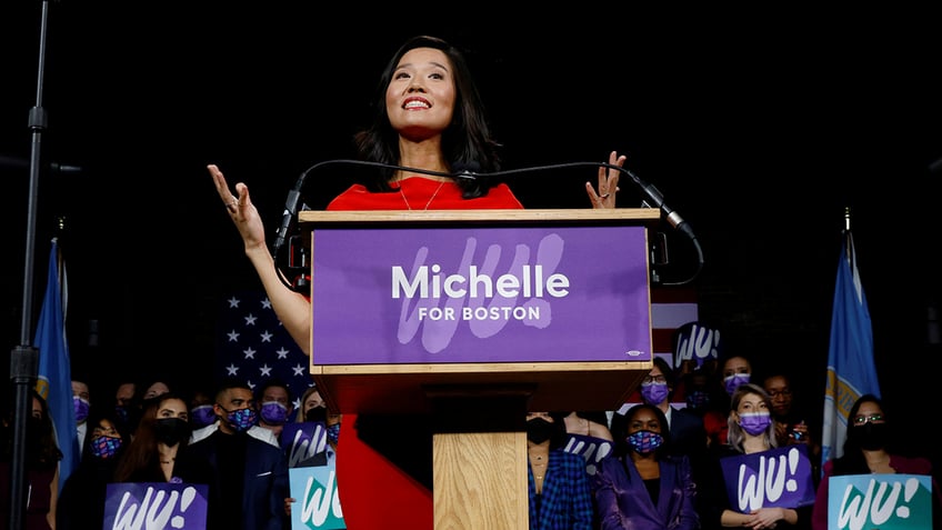 Michelle Wu speaks to supporters after winning her race for Mayor of Boston, to become the first woman and first person of color to be elected to the office, in Boston, Massachusetts, U.S., November 2, 2021.