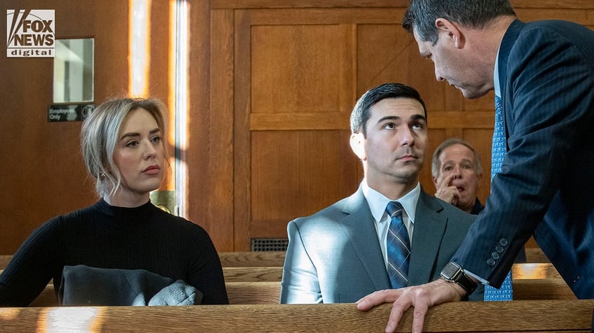 Matthew Nilo and fiancé Laura Griffin speak with attorney Joseph Cataldo inside the Suffolk County Superior Courthouse