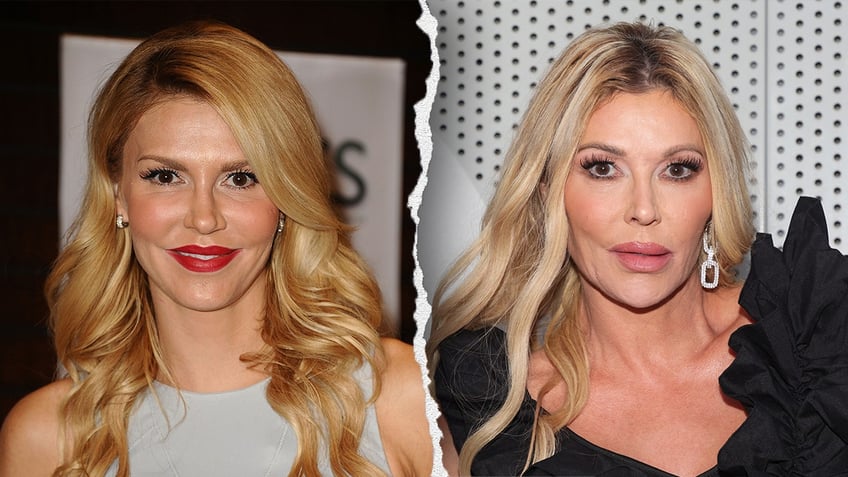 Brandi Glanville in a grey tank top smiles with red lipstick in 2013 split Brandi Glanville in black in 2024 