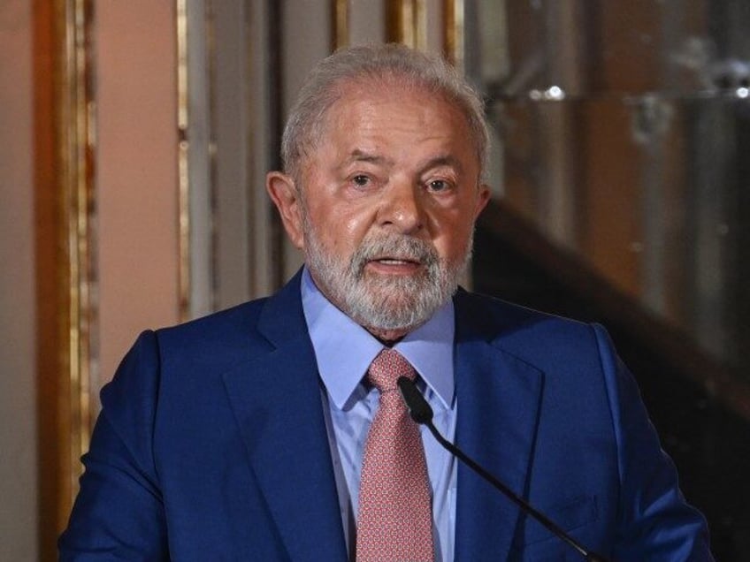 The President of Brazil Luiz Inácio Lula da Silva delivers remarks during the ceremony of the Camões Prize to Brazilian singer and composer Chico Buarque at the Throne Hall in Queluz National Palace, on Lula's next to last day of a five-day State Visit to the country on April 24, …