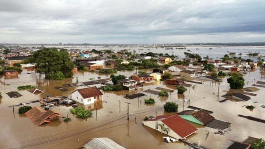 Aerial view of flooded streets in the Navegantes neighborhood of Porto Alegre, Rio Grande