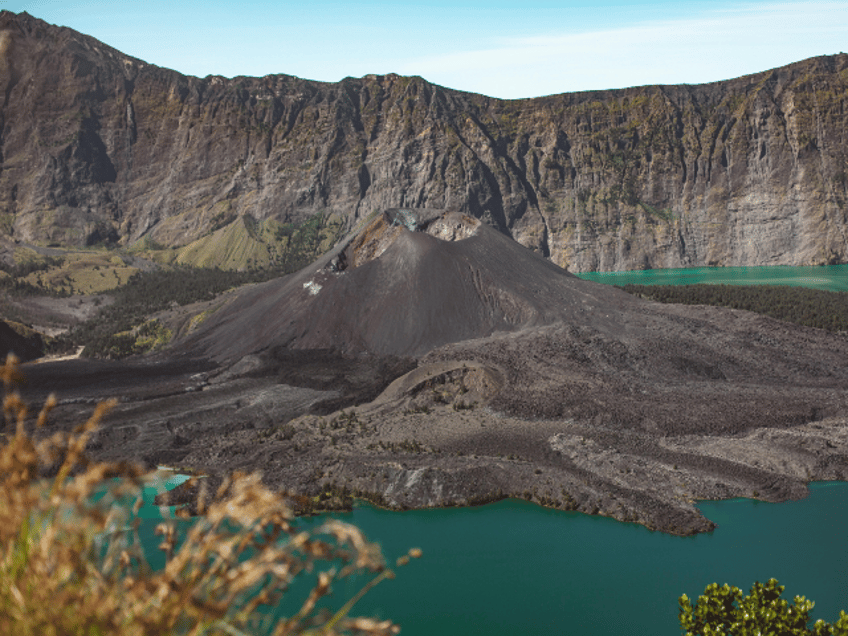 Mount Rinjani landscape of rocky terrain with volcano