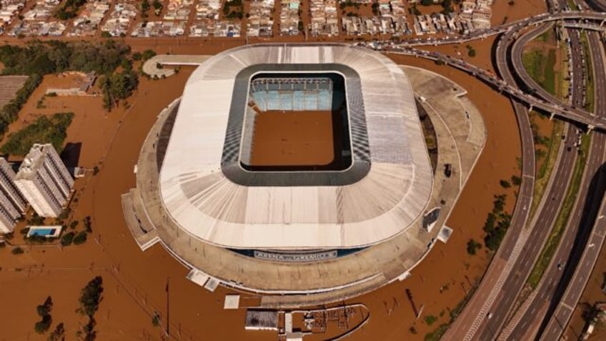 Aerial view of the flooded Arena do Gremio Stadium, of Brazilian football team Gremio, in